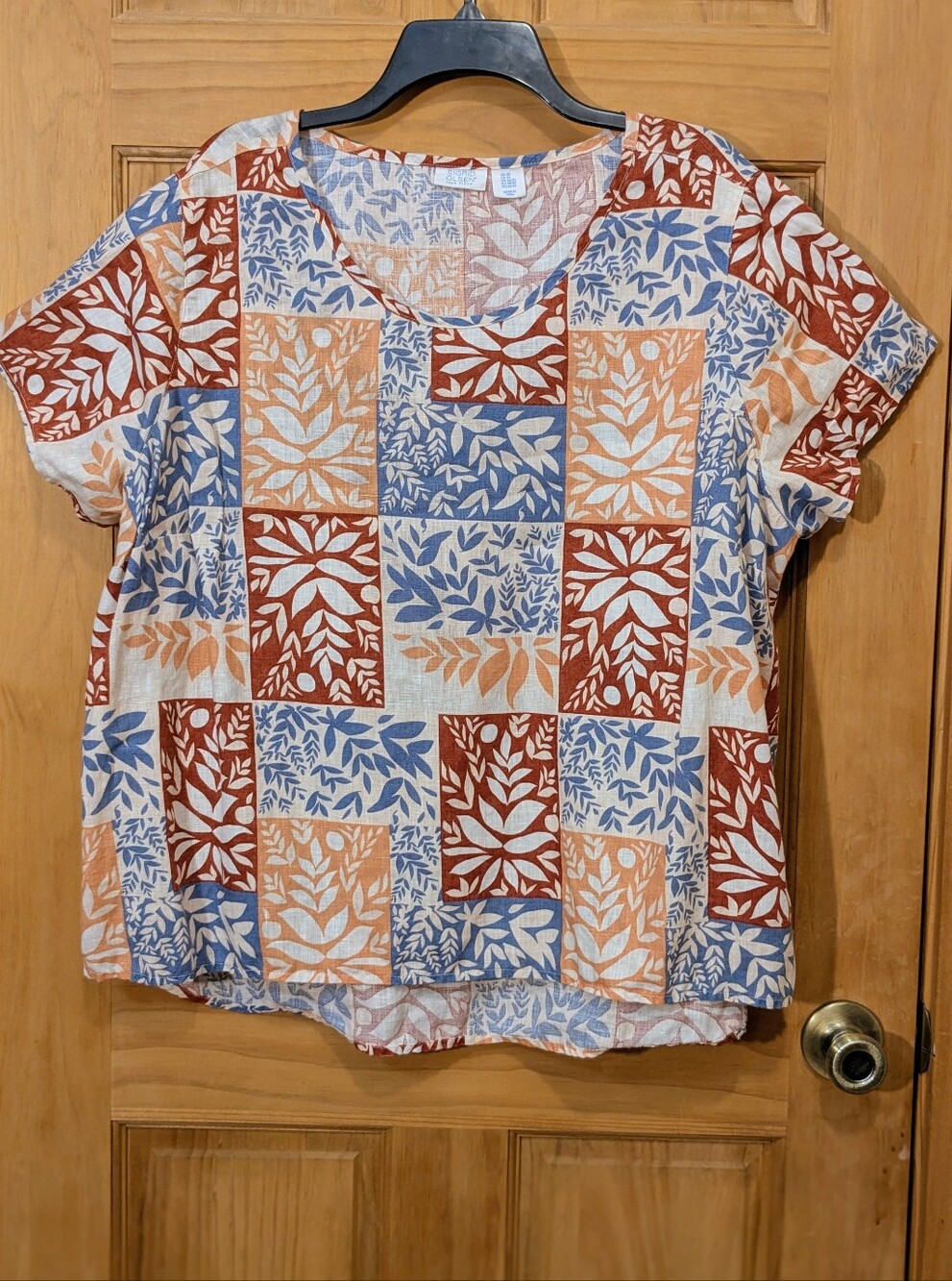 Sigrid Olsen Top 100% Linen Tunic High/Low Floral Multicolor Patchwork Sz 2X